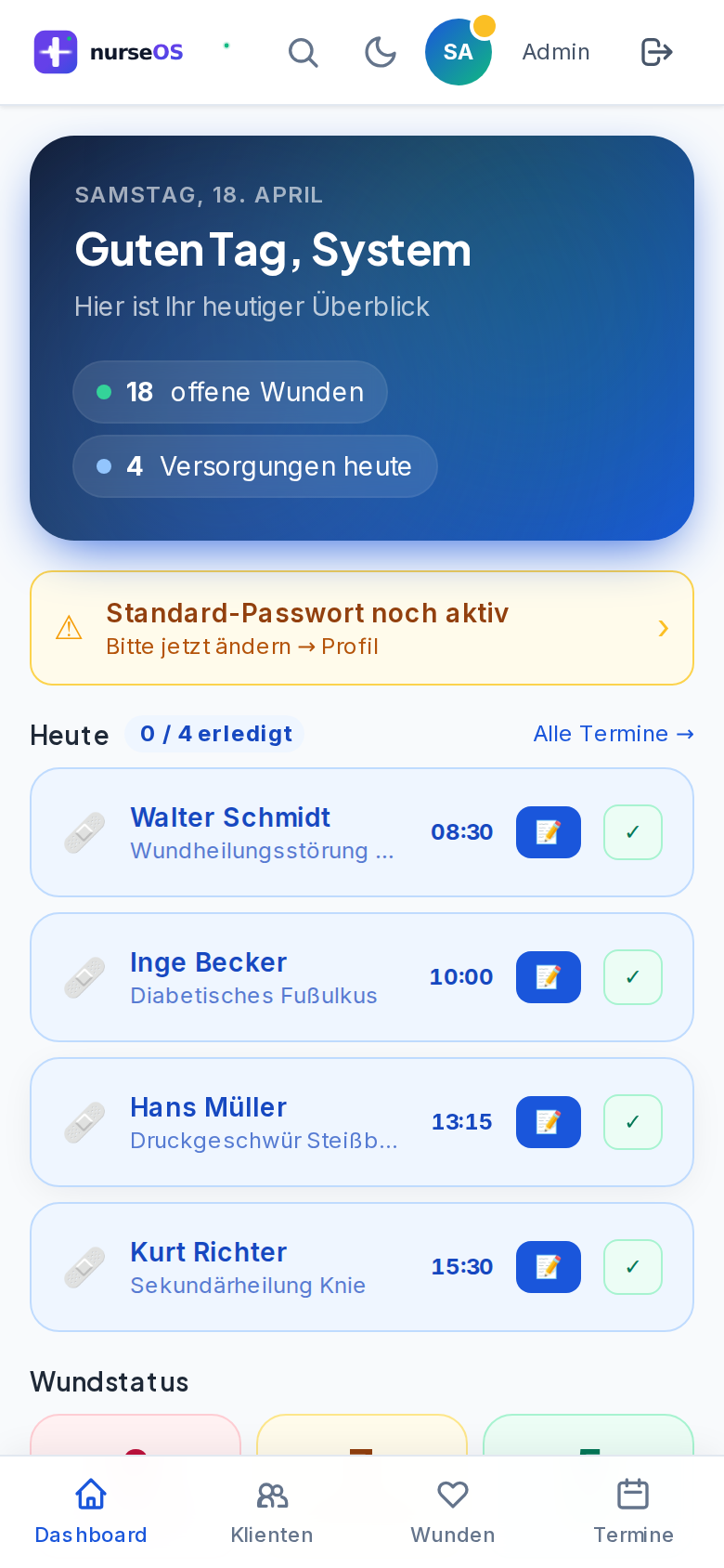 nurseOS WundDoku Dashboard mobil (Hell)