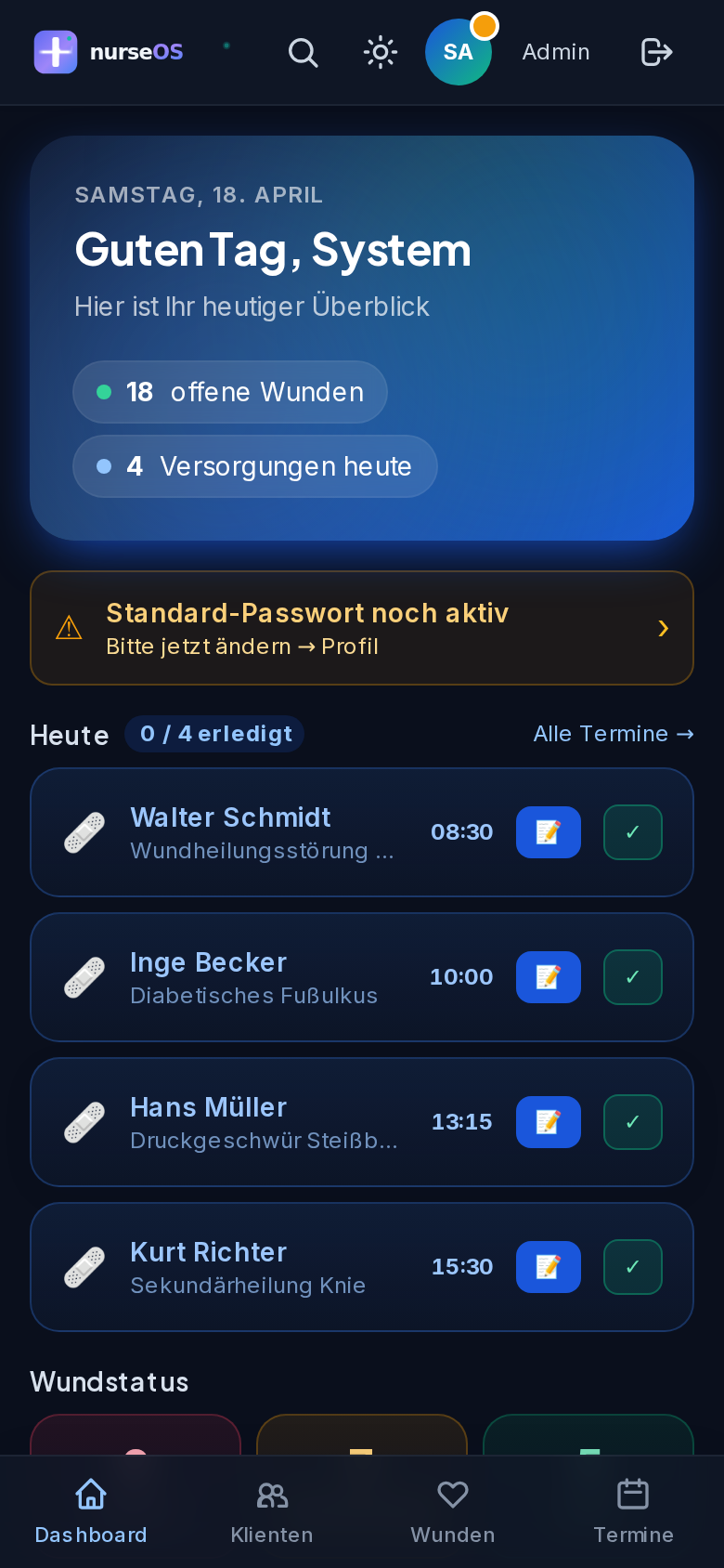 nurseOS WundDoku Dashboard mobil (Dunkel)