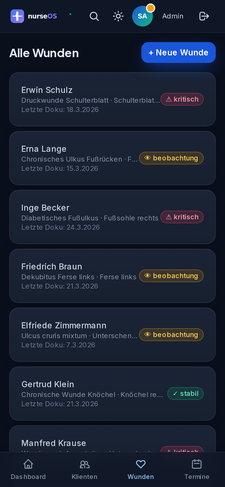 nurseOS WundDoku Wundenübersicht (Dunkel)