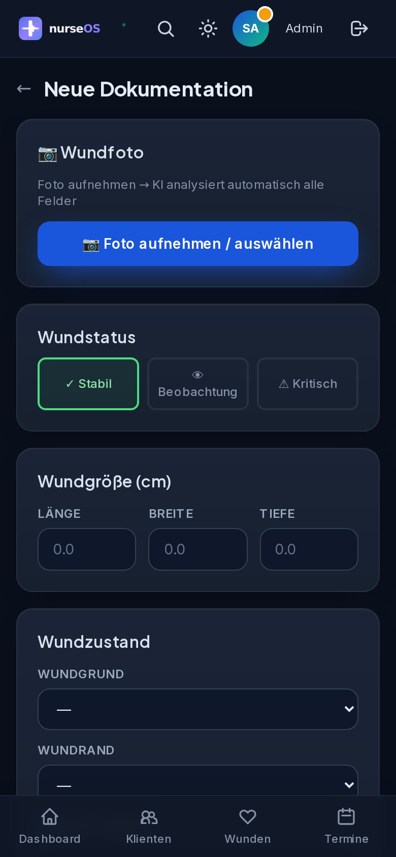 KI-Wundanalyse in der App (Dunkel)